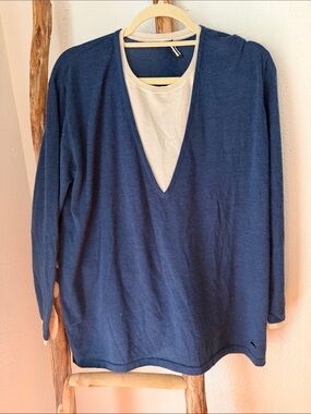 Akris Navy Blue Long-Sleeve Cashmere Silk Sweater with Ivory Cream Trim 14 XL